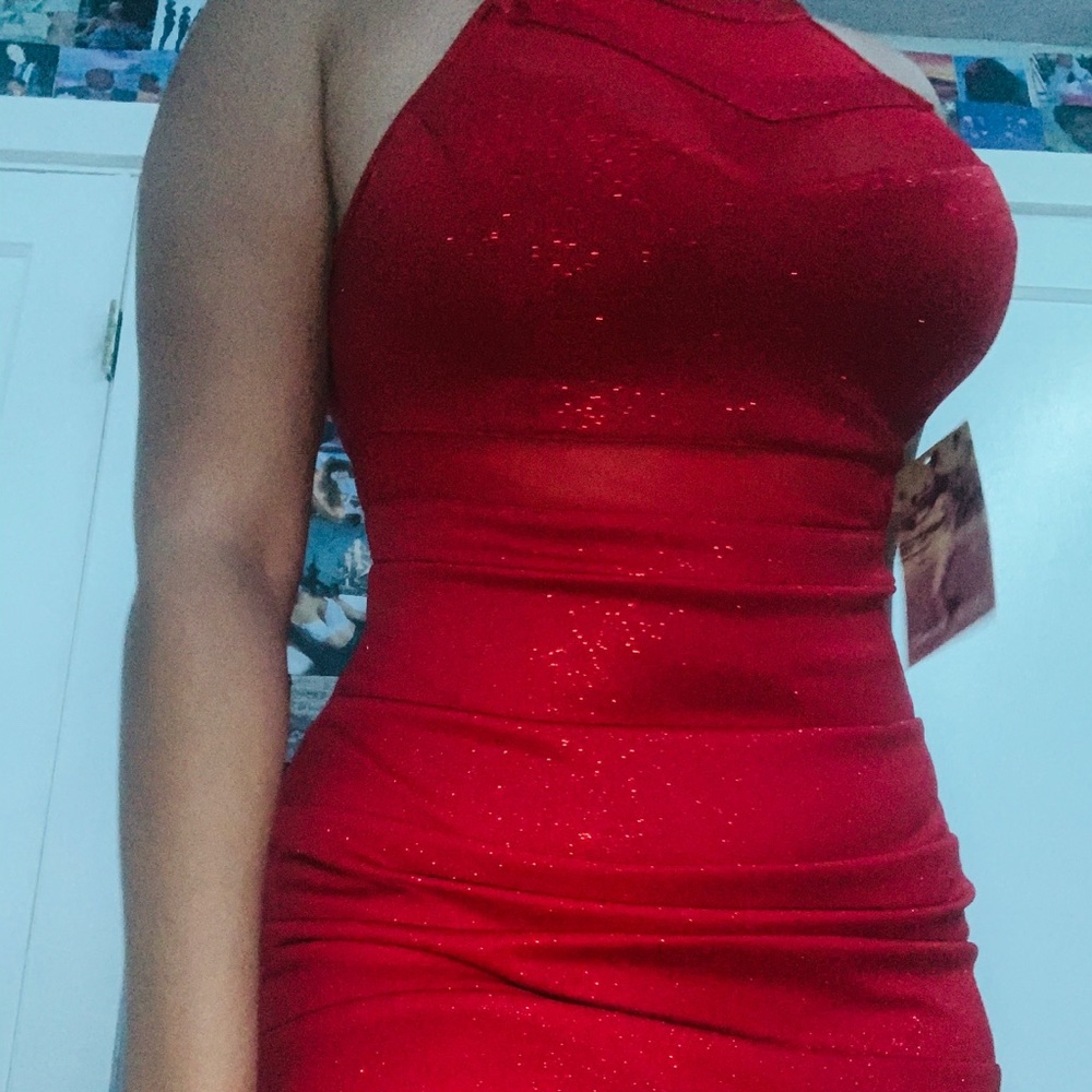 Red glitter mesh top mini dress
